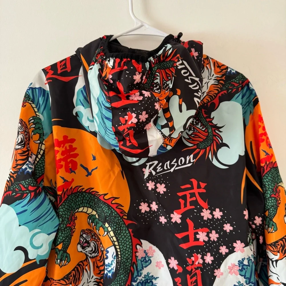 Reason Clothing Kanji Japan Print Dragon Half-Zip Anorak Hoodie Jacket Sz Medium